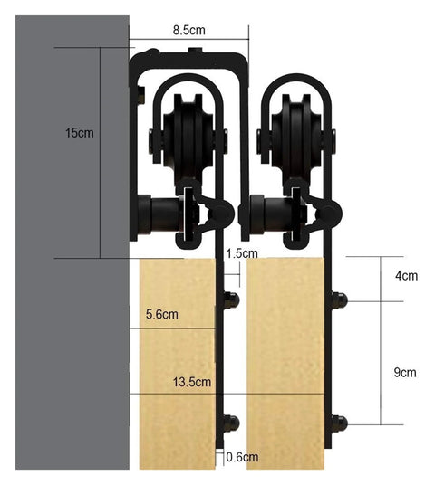 Side view of Bypass Barn Door Hardware Kit for Double Sliding Doors with J Shaped Rollers and Rustic Rail System