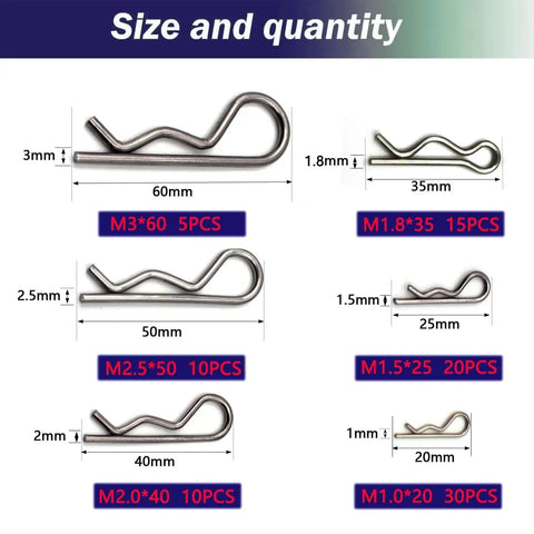 Heavy Duty 90 Piece Stainless Steel Hitch Pin Clip R Clips Retaining Pins Cotter Pin Hair Pin Spring Clip Retainer Kit With Six Sizes For Tractors Trucks And Engine Repair 304 Stainless Steel Assortment IronKing, showing size chart and quantity.