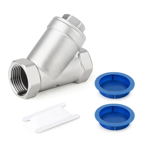 Stainless steel 1/4 inch NPT female Y-check valve with blue protective end caps