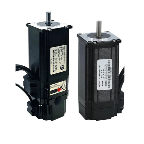 Two NEMA-23 stepper motors with black housings, silver shafts, and attached cables.