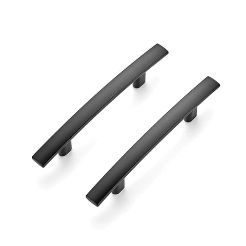 Two curved cabinet pulls in matte black finish, part of 30 Pack Curved Cabinet Pulls Matte Black Arch Kitchen Drawer Handles 5-3/16 Inch Length 3 Inch Center Hole Zinc Alloy Construction for Cabinets and Cupboards, Durable Modern Hardware with Smooth Curved Profile, shown against white background.