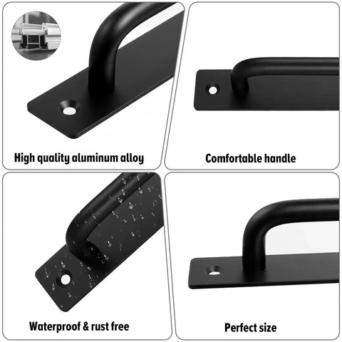 Close-up of black aluminum barn door handles, showing waterproof and rust-free features for quick install, 16 pack included.