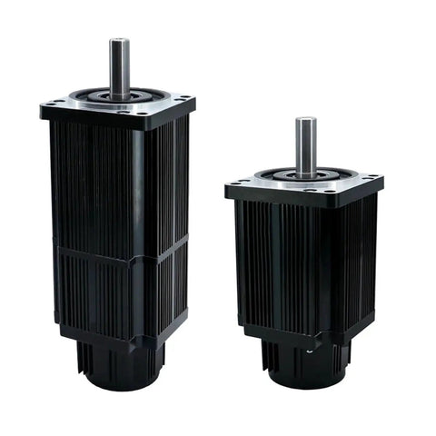 Two black ribbed AC servo motors with silver mounting flanges and shafts, different heights.