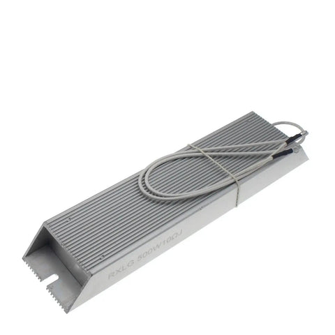 Servo resistor module RXLG 500W, aluminum-cased with ribbed heatsink and dual wires, angled side view