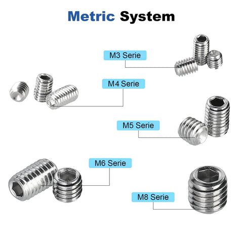 Close-up of metric Allen grub screws from 280 Piece Set Screw Kit With 28 Sizes Metric And SAE Allen Grub Screws In 304 Stainless Steel Internal Hex Drive Cup Point For Door Knobs And Faucets A Handy DIY Must Have For Bathroom Fixtures And Hardware Repairs.