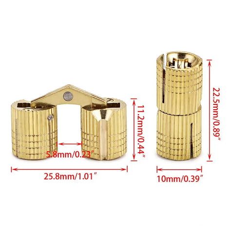 Hidden Brass Barrel Hinges 10mm 4 Pack Concealed Box Hinges For DIYers Jewelry Box And Hand Craft Invisible Cabinet Hinges With 180 Degree Opening Angle Durable Brass Construction For Craft Lovers, showing size dimensions and gold brass material.
