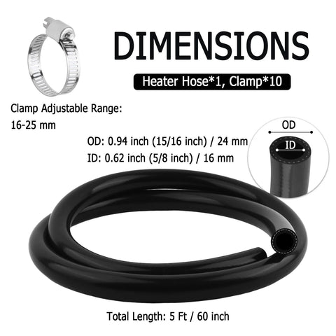 Amazon 5 ft black silicone heater hose kit with 10 clamps; ID 16 mm, OD 24 mm for coolant transfer