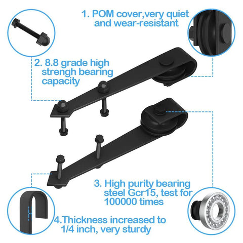 Double Track Bypass Sliding Barn Door Hardware Kit For Two Doors, Low Ceiling Design, illustrated components and specifications
