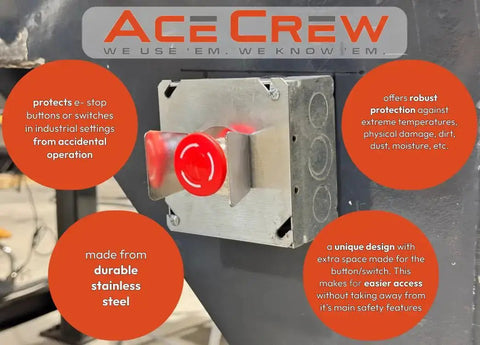 Stainless Steel Switch Guard Pack With Yellow Ring Push Button Panel Light Emergency Stop Protector Shield Shroud Safety Cover for Industrial Control Panels shown installed on panel with red emergency stop button.