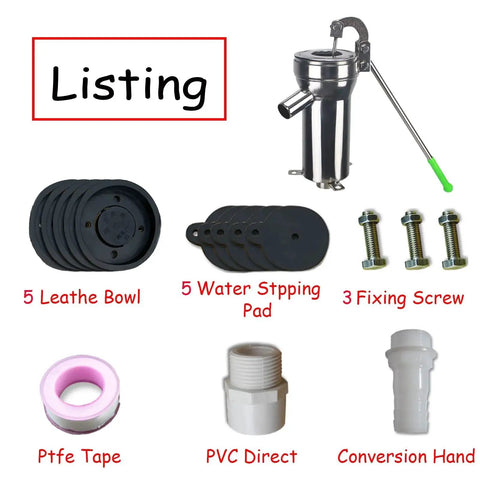 Components of Stainless Steel Manual Well Pump For Deep Wells, including hand crank, leather bowls, water stoppers, screws, fittings