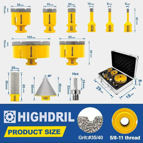 Diamond Drill Bits Kit With 5/8-11 Thread For Porcelain Tile Ceramic Marble Brick Concrete Vacuum Brazed Hole Saw Set visible