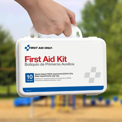All Purpose 57 Piece Emergency First Aid Kit For 10 People in a white plastic case, ideal for office, worksite, home, and car.