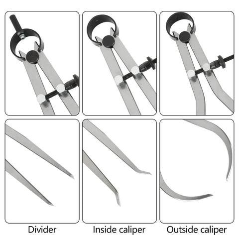 Pro Grade 8 Inch Spring Caliper Set For Woodworking Carbon Steel Outside Caliper Inside Caliper And Divider 3 Piece Measuring Tool For Wood Turning Lathe Projects Acrux7 display image showing divider, inside caliper, and outside caliper.