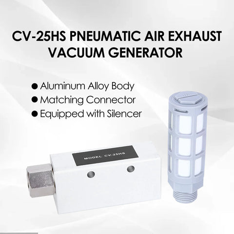 CV-25HS pneumatic vacuum generator with aluminum alloy body and silencer; gray vented exhaust muffler shown.