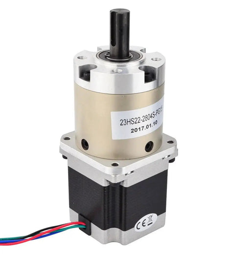 High Precision Fifteen To One Planetary Gearbox With Nema Twenty Three Stepper Motor, black and silver, front view.