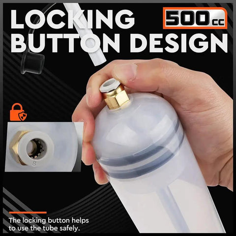500cc Fluid Extractor for Automotive Use With Dual 7 Inch Hoses Vacuum Syringe showing locking button design