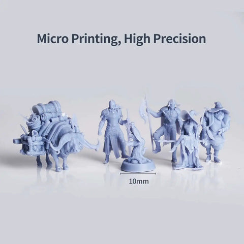 Miniature figures printed with Tough 3D Printer Resin 2.0 Tough As Nails High Hardness Ultra Clear for high precision and detail.