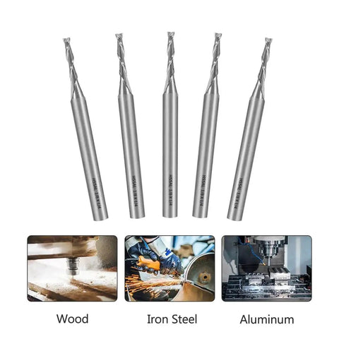 End Mill Set One Eighth Inch Shank Four Flute HSS End Mills One Quarter Inch Cutting Diameter Milling Cutter Drill Bits Wood Nylon Aluminum Steel Titanium Five Piece Pack
