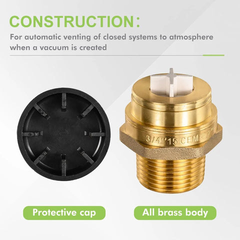 Front view: ORIANSE 3/4 in brass vacuum relief valve with protective cap for water heater tank