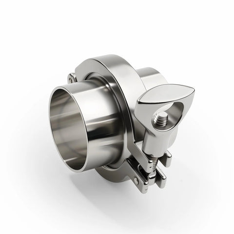 Stainless steel 2'' tri-clamp ferrule with wing-nut clamp, heavy-duty 304 grade, front view
