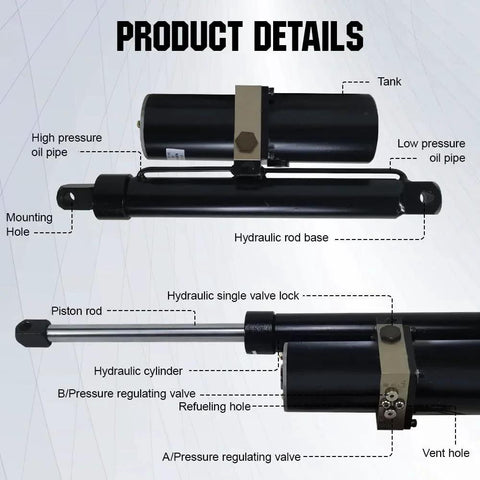 Heavy Duty 8000N 1700Lbs Hydraulic Linear Actuator With 12 Inch Stroke IP65 Weatherproof 12 Volt DC side view
