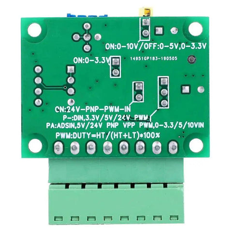 PWM Voltage To Current Converter Module With Analog 0-3.3V 0-5V And 0-10V Input Into 0-20mA Output, top view of green circuit board