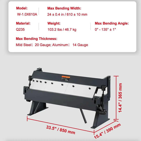 24 Inch Box And Pan Brake Metal Bender 0 To 130 Degree Sheet Metal Tool Portable Bend Press for 20 Gauge Steel and 14 Gauge Aluminum