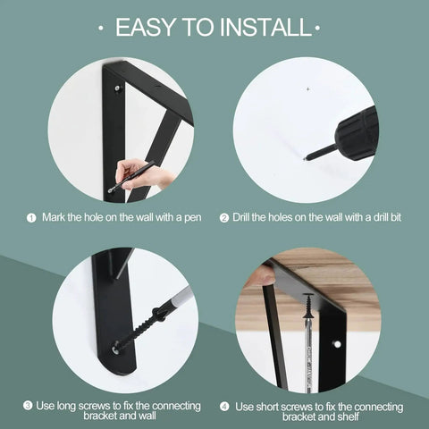 12 Pack Heavy Duty L Shaped Shelf Brackets installation guide with steps for drilling and screwing, suitable for 12-16 inch deep shelves.