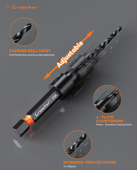 All In One Countersink Drill Bit Set With Wood Plug Cutter And Stop Rings For Pros And DIYers Crosstar 18 Piece Kit with focus on tapered drill bit and adjustable countersink feature, M2 HSS material, quick change hex shank.