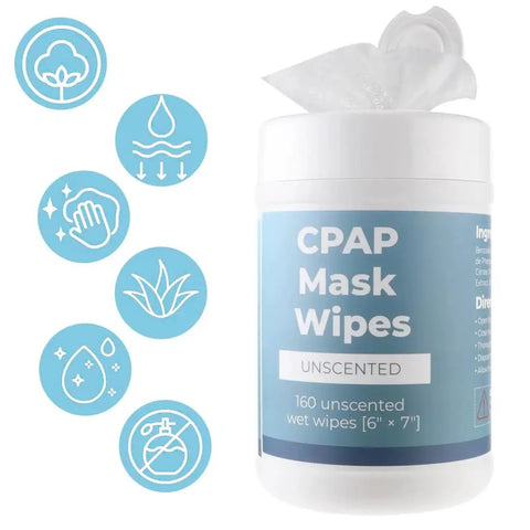 Unscented Alcohol Free CPAP Mask Wipes 160 Count Canister For Mask Tubes showing wipe and benefits icons