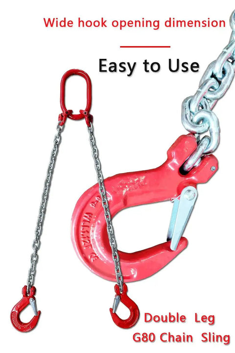 Close-up of Beefy 2 Ton Grade 80 Alloy Steel Chain Sling, 5 ft long, 2-leg with red sling hooks for heavy lifting applications.