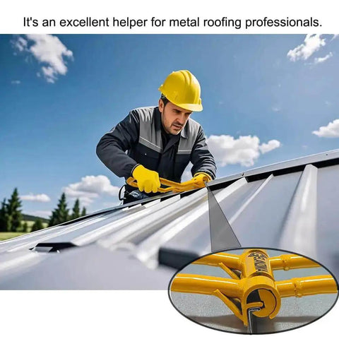 Worker using Pro Grade Standing Seam Roofing Tool Hand Seamer For 90 Degree Seam Locking on metal roof panel