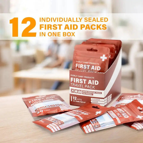 12 individually sealed first aid packs from Travel Bandage Pack With 12 Individual Packets And 20 Grab And Go Essentials In A Waterproof Ultralight Pouch For Quick Clean Cover And Protection On The Move From Everlit Care.