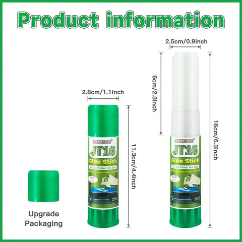 Product dimensions of Six Pack 3D Printer Glue Sticks 1.27oz Each For Ultra Strong Bed Adhesion on green background