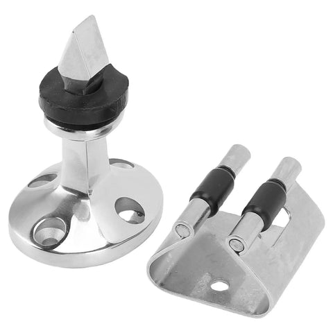 Front view of 316 stainless steel door stopper with base plate and mounting bracket, two-piece set