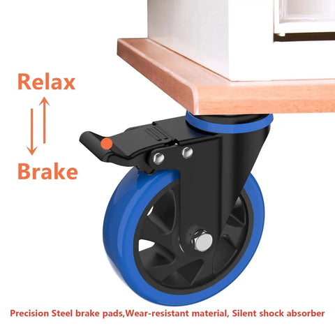 Close-up of 5 inch caster wheel with brake showing swivel top plate and brake lever under furniture, ideal for mobile projects.
