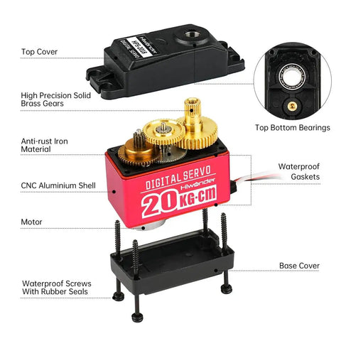 Exploded view of Beefy 20Kg High Torque Digital Servo With Full Metal Gear And Durable Metal Case Waterproof For RC Hobby use.