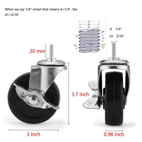 Front and side view of 3 Inch Universal Threaded Casters Set Of 4 With Brake Locks For Metal Rack Shelving Units Durable Heavy Duty Steel