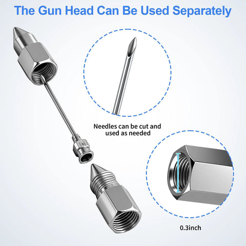 Grease gun needle tip kit, 5 pcs; includes needle dispenser, rubber joint, detachable needle tip, 2 nozzles