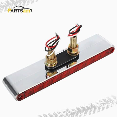 Dual Function LED Trailer Light Bar Pair 9 1 4 Inch Long Red And Amber Double Face Marker And Turn Signal Lights Chrome Plastic Mounts Prewired With Double Metal Stud Mounts For Trucks, close-up view, red lights, chrome finish