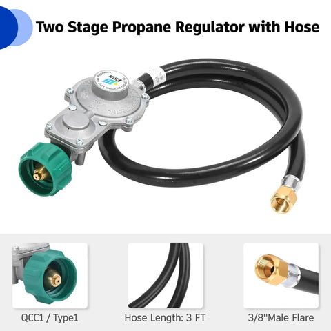 Two Stage Propane Regulator With 5 Foot Hose For Grills, RVs And Generators, GGC Dual Stage Regulator with QCC1 Connector