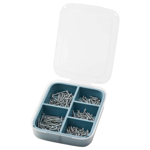 200 Piece Wood Screw Set With Galvanized Steel Fasteners In Three Lengths 4x16mm 4x25mm And 4x35mm, organized in a storage box.
