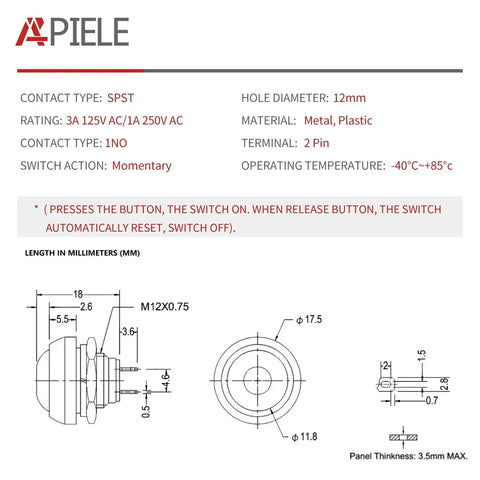Diagram and specifications of 12mm Waterproof Momentary Push Button Switch 2 Pin SPST NO, for DIY electronics and arcade cabinets.