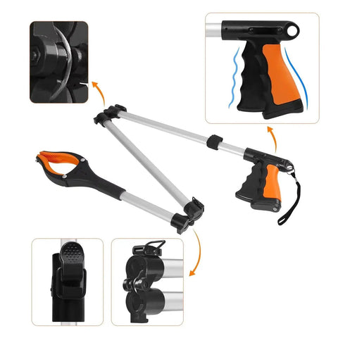 43 Inch Extra Long Grabber Tool Foldable Reacher With Rotating Jaw and Magnets, with black and orange handle and metal shaft.