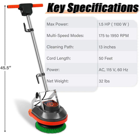 Heavy Duty Orbital Floor Scrubber And Buffer Kit with Commercial Grade Pads and Brushes, front view with specifications