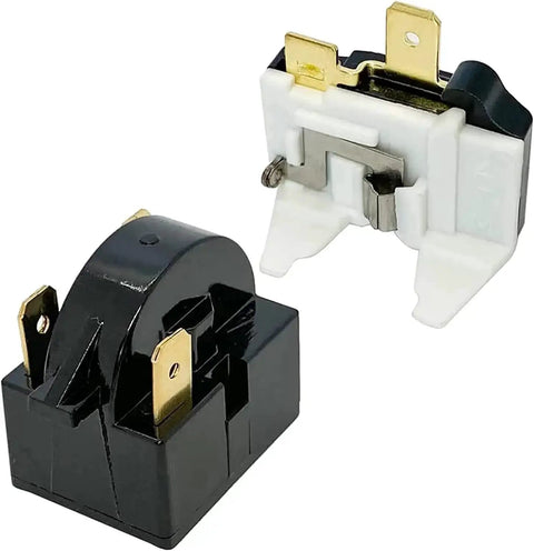 4.7 Ohm 3 Pin PTC Starter Relay and Overload Kit for mini fridges and coolers, showing black and white components with connectors