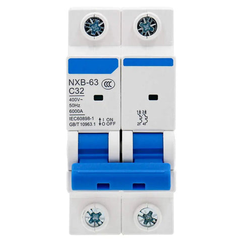 Miniature Circuit Breaker 2 Pole 32A MCB C Type Trip 6000A Breaking Capacity DIN Rail Mount Front View