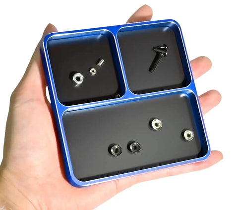 Hand holding Magnetic Screw Organizer Tray for RC Models, Electronics and Phone Repair, 3 Compartment Small Parts Holder