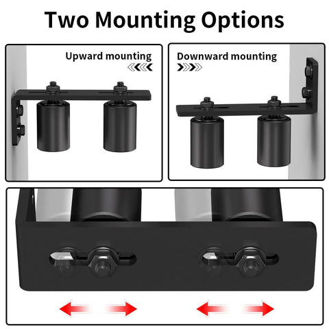 2 Inch Black Heavy Duty Beefy Sliding Gate Rollers Set 2 Pack with L Rear Post Bracket showing upward and downward mounting options