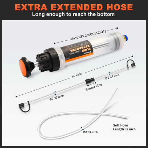 Automotive Fluid Extractor Pump With 32 Inch Hose 9 Inch Tubes Oil Change showing pump, hose, and tubes details.